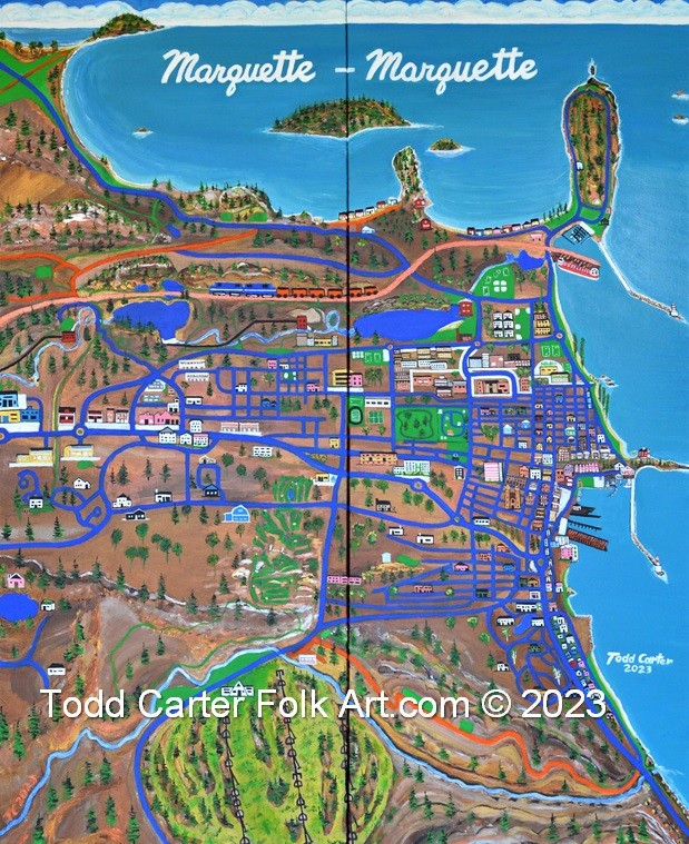 Pictorial map of Marquette City and Marquette Township by Todd Carter, 2023, acrylic on canvas, 32" x 40"